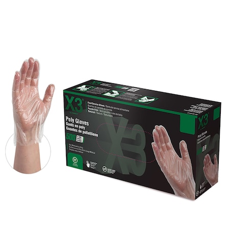 Ammex X3 Poly, Disposable Gloves, Poly, Powder-Free, L, 2000 PK, Clear PGLOVE-L-500